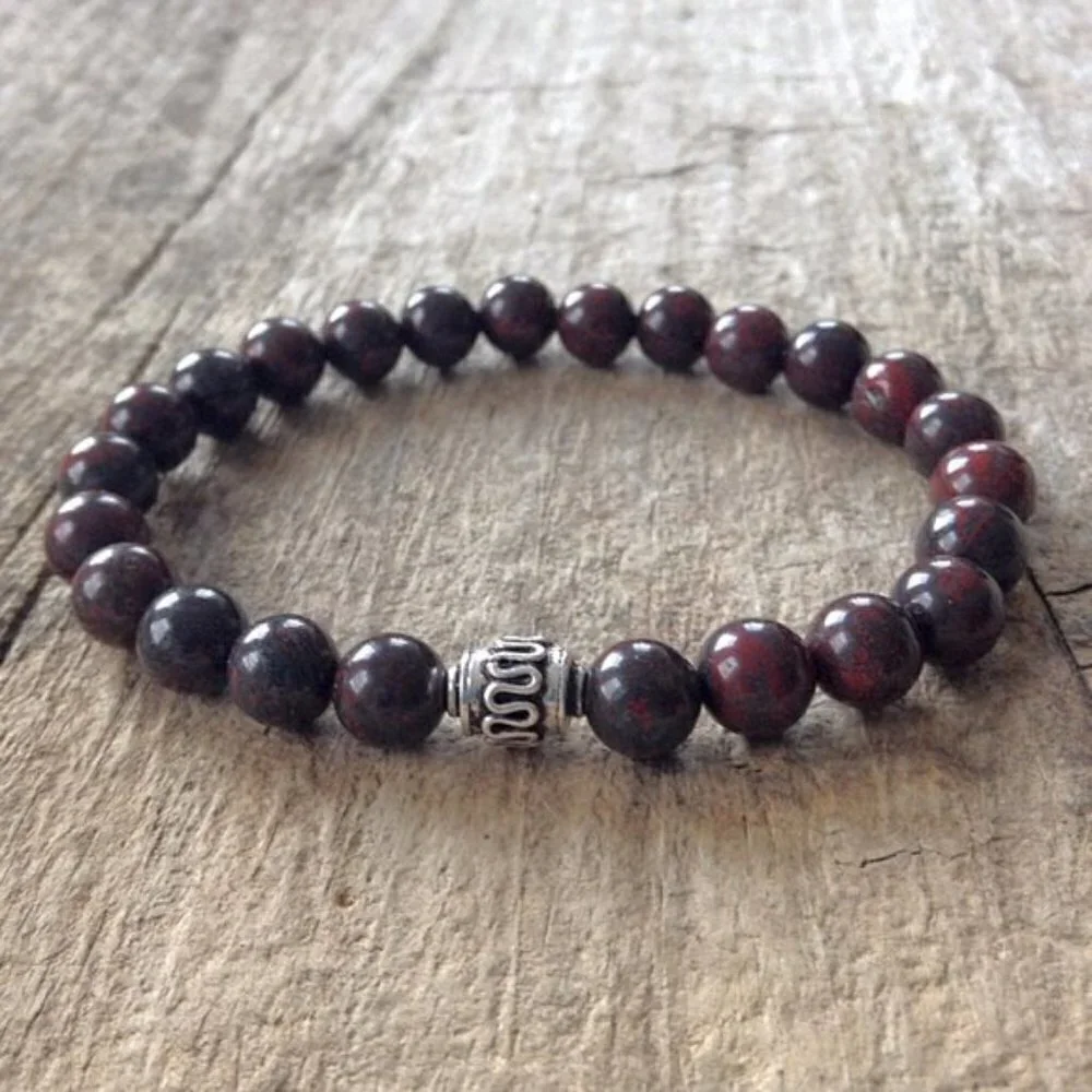 Men's Burgundy Jasper Gemstone Bracelet with Sterling Silver Accent - 8mm Beads